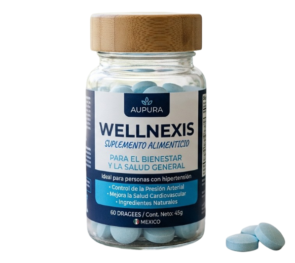 Frasco de cápsulas Wellnexis con su logotipo en color azul